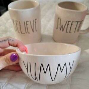 Rae Dunn Cream Mugs and Bowl Set - BELIEVE, SWEETIE, YUMMY